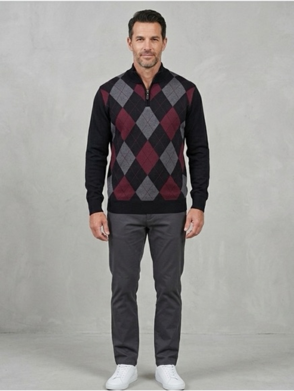 Men's Argyle Zip-Up Sweater - Black & Burgundy